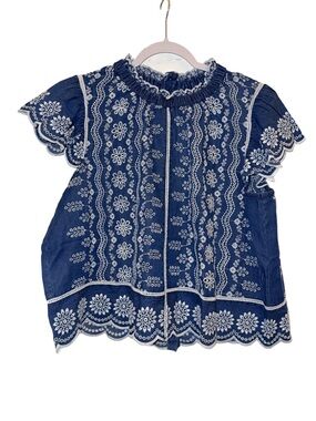 NWT Jennifer & Grace Blue Chambray Eyelet Floral Embroidered Top Size XL